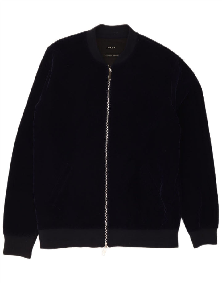 Zara Herren Velours-Bomberjacke UK 40 Large Marineblau Polyester