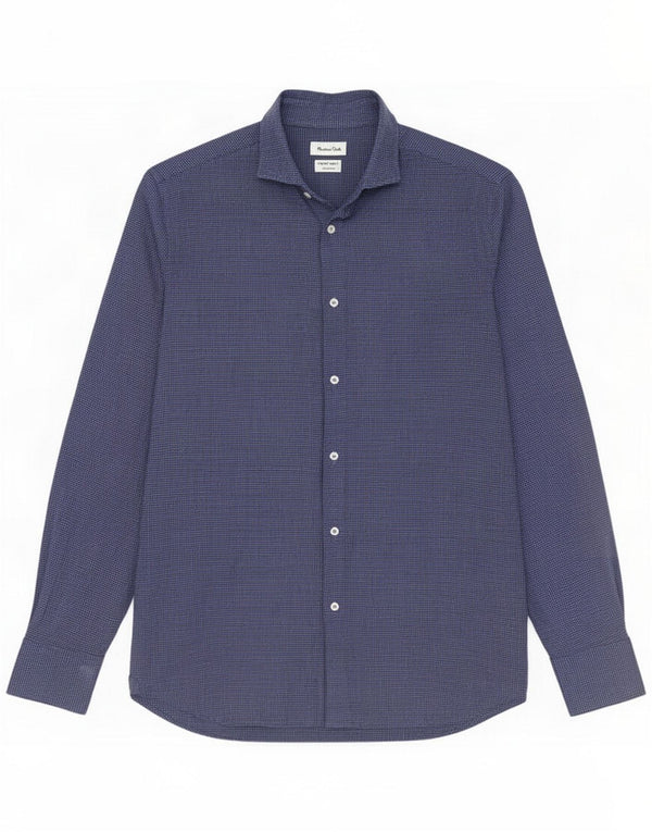 Massimo Dutti Herren-Flanellhemd mit normaler Passform, kleine blaue Hahnentritt-Baumwolle