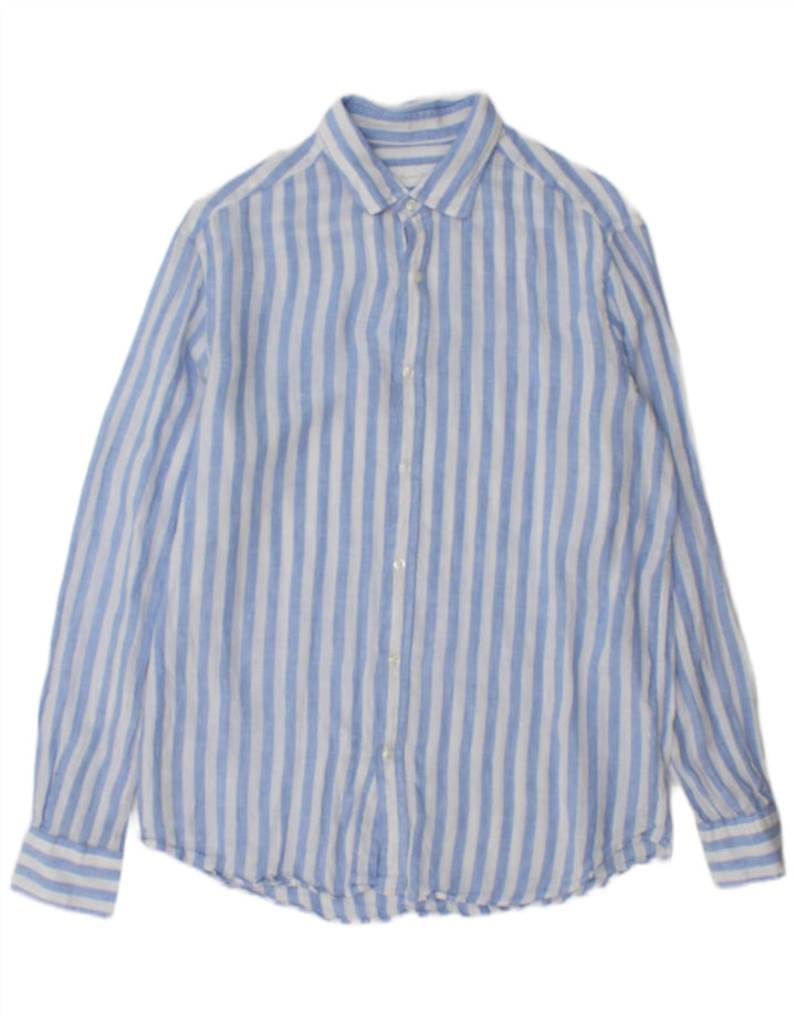 Massimo Dutti Herrenhemd, groß, blau gestreift, Leinen