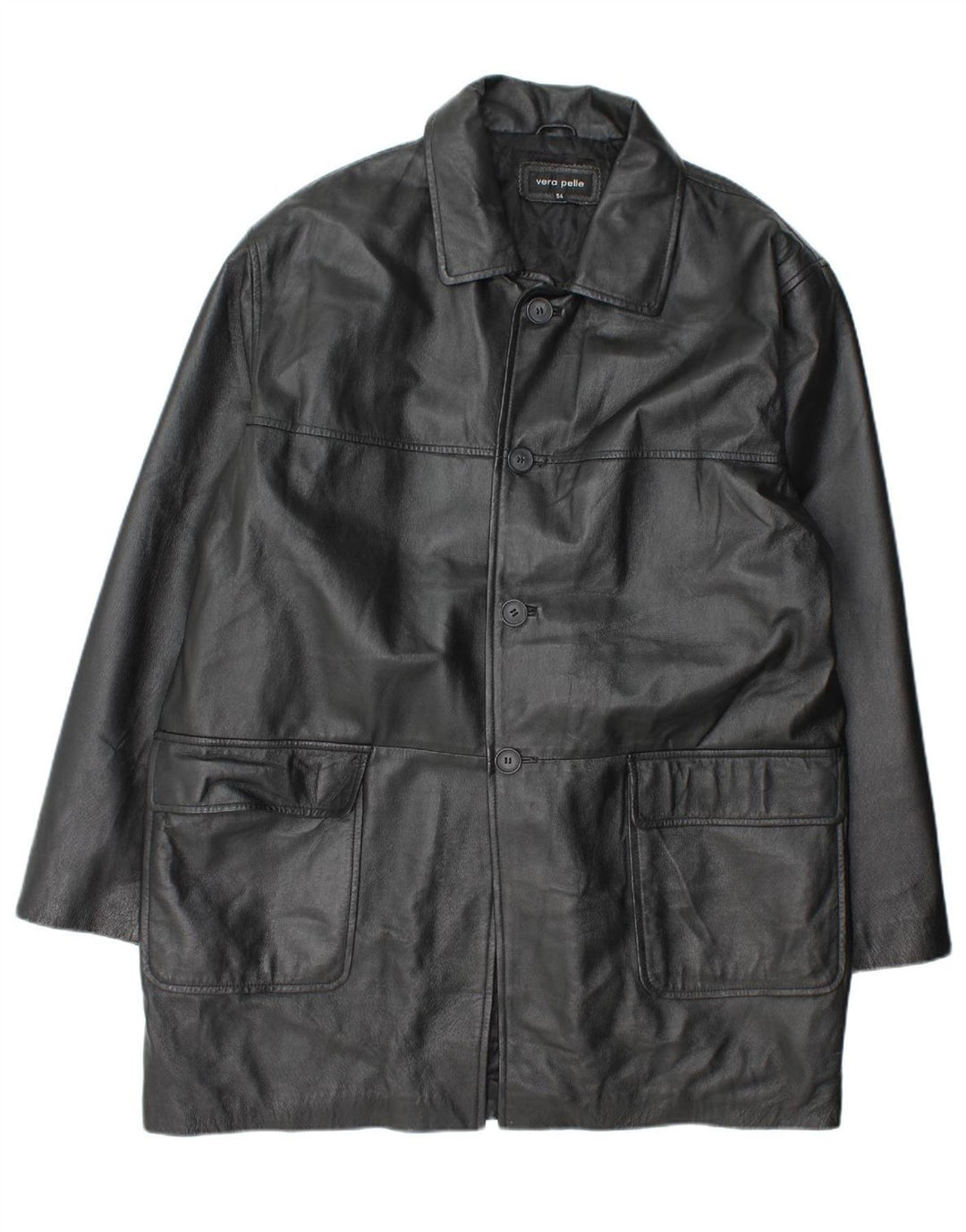 VINTAGE Mens Leather Coat IT 54 2XL Black Leather