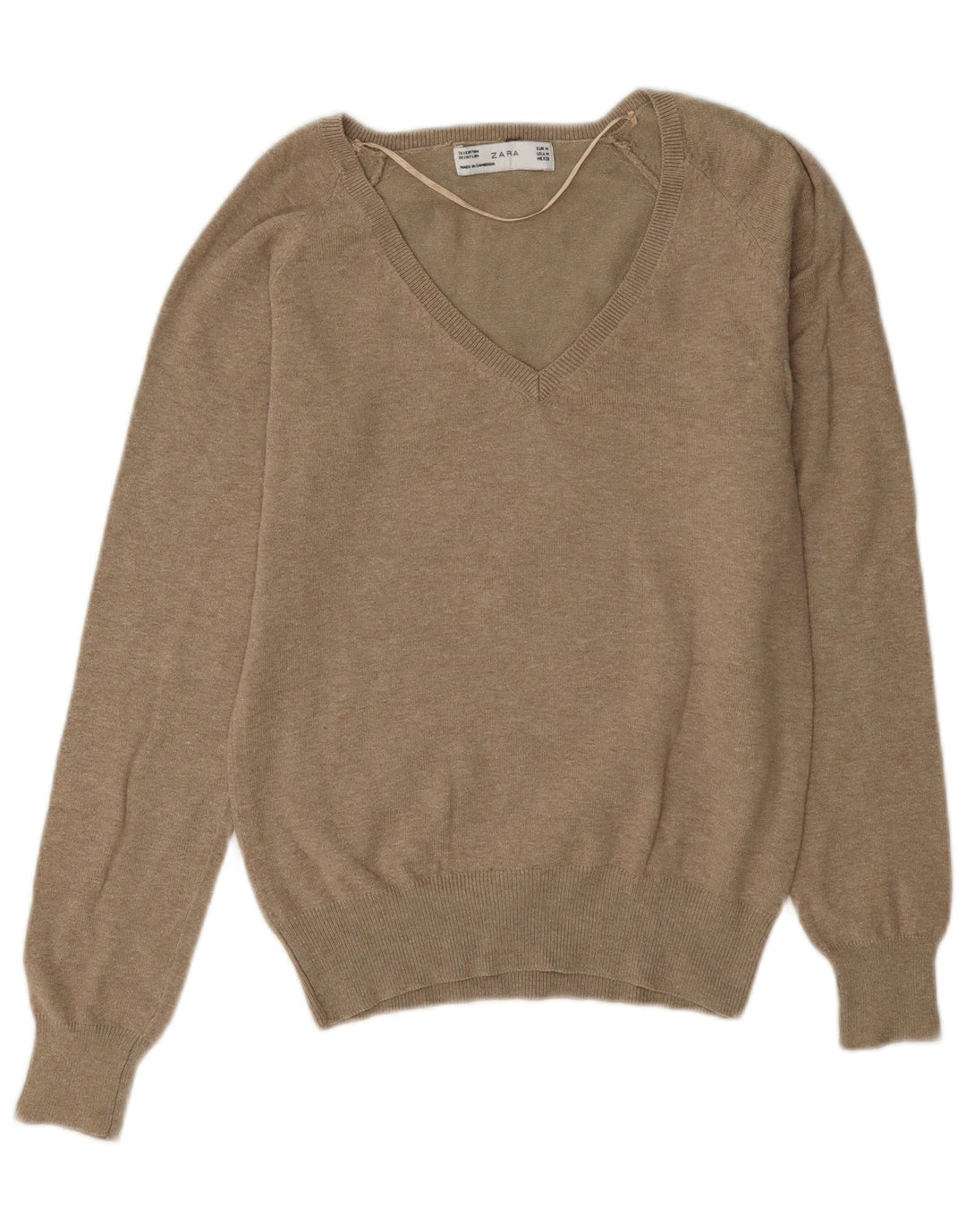 Zara Damen-Pullover mit V-Ausschnitt, UK 14, mittelbraune Baumwolle