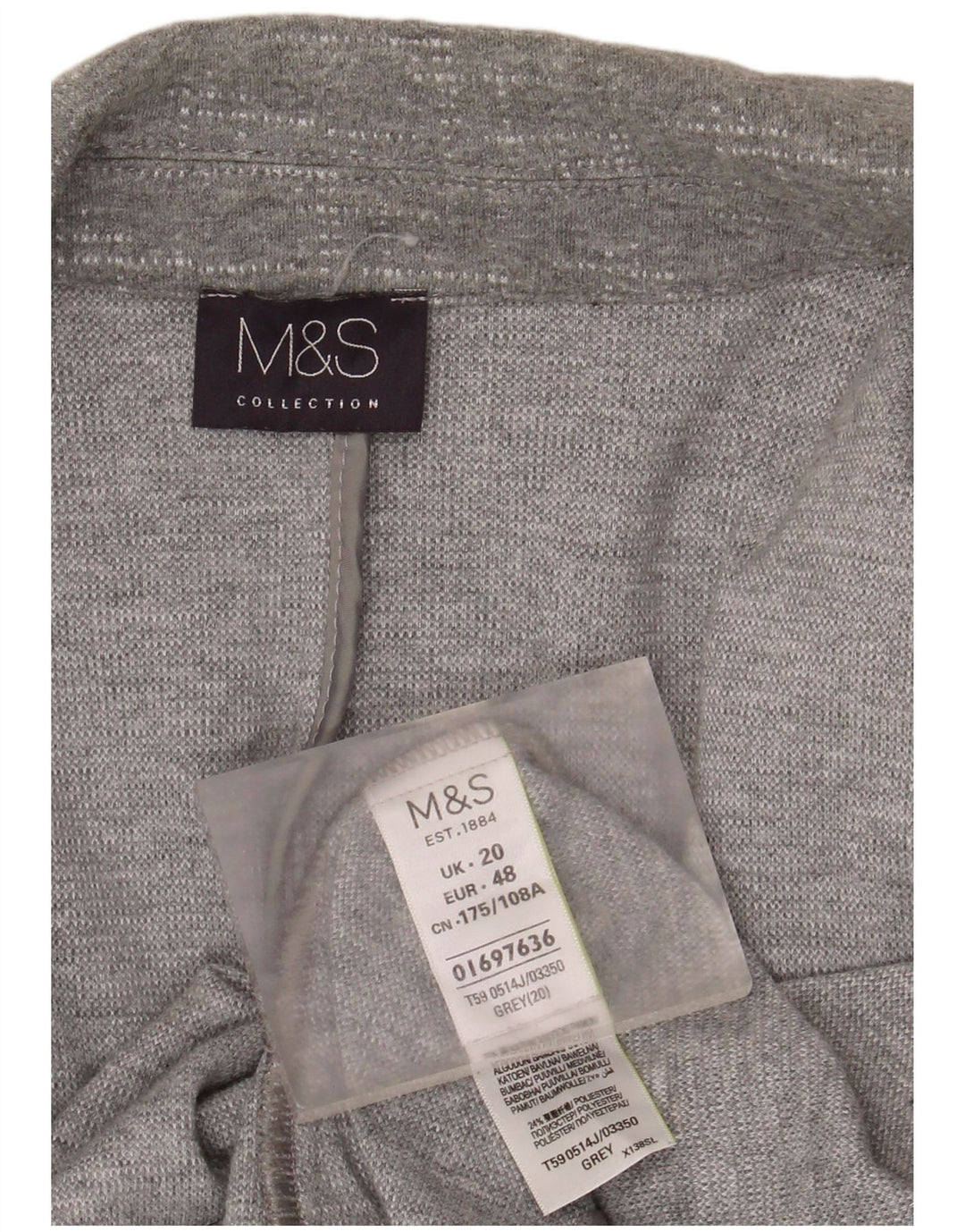 Marks & Spencer Offene Damen-Blazerjacke mit 3/4-Ärmeln, UK 20 2XL, graue Baumwolle
