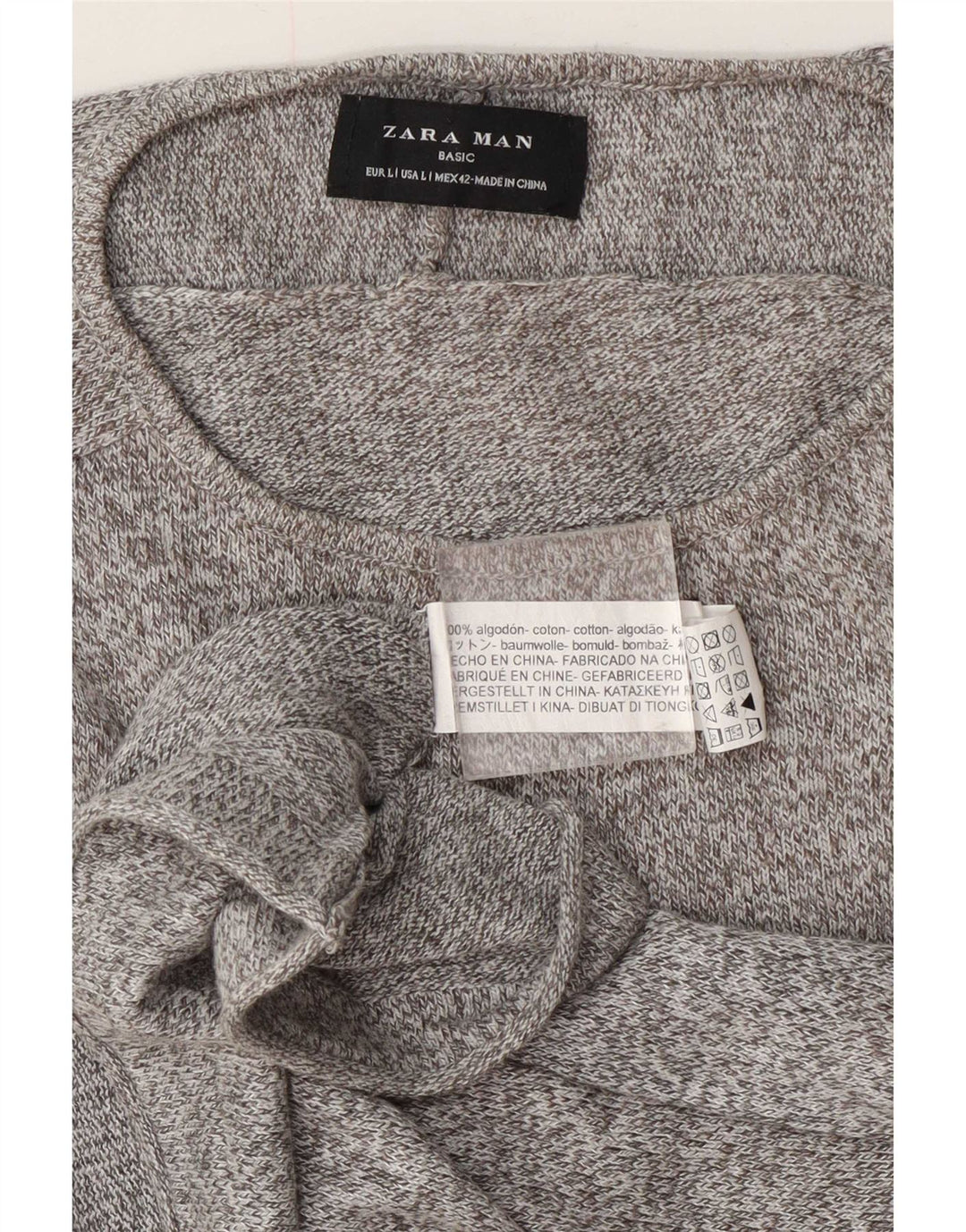 Zara Herren-Pullover mit U-Boot-Ausschnitt, groß, grau gefleckte Baumwolle