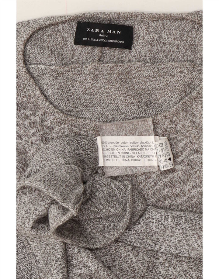 Zara Herren-Pullover mit U-Boot-Ausschnitt, groß, grau gefleckte Baumwolle