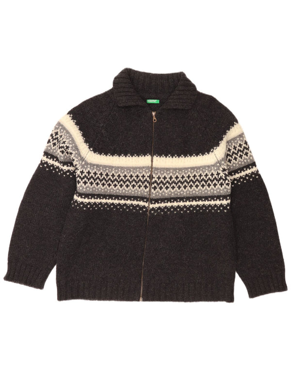 Benetton Damen Strickjacke UK 18 XL Graue Fair-Isle-Schurwolle