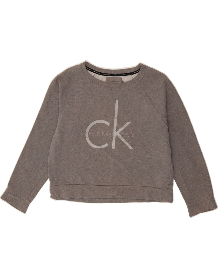 CALVIN KLEIN JEANS Womens Graphic Crop Sweatshirt Jumper UK 14 Medium Grey Vintage Calvin Klein Jeans and Second-Hand Calvin Klein Jeans from Messina Hembry 