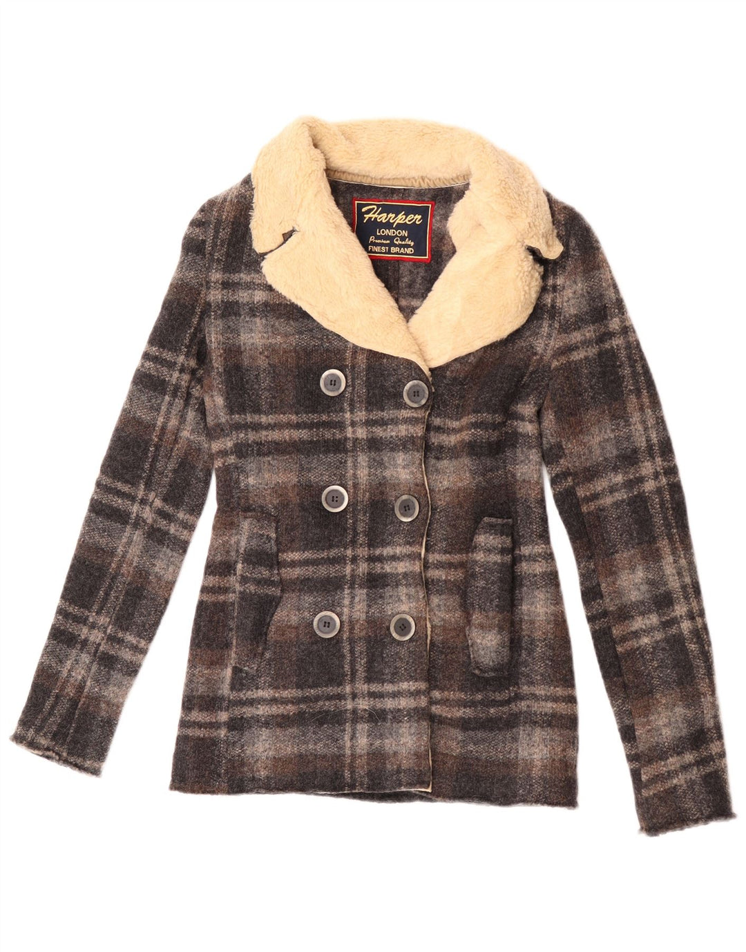 Vintage Damen Pea Coat IT 42 Mittelgrau karierte Wolle