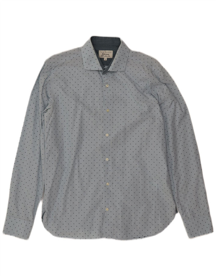 TED BAKER Herren-Slim-Fit-Hemd, Größe 16, groß, blaue gepunktete Baumwolle