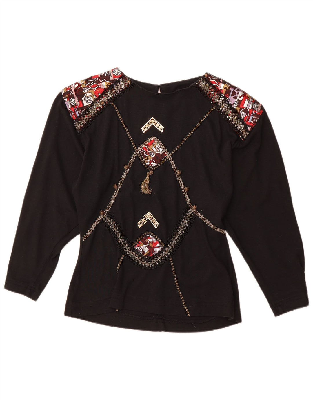 VINTAGE Grafisches Langarm-Blusenoberteil für Damen UK 12 Medium Schwarz Acryl