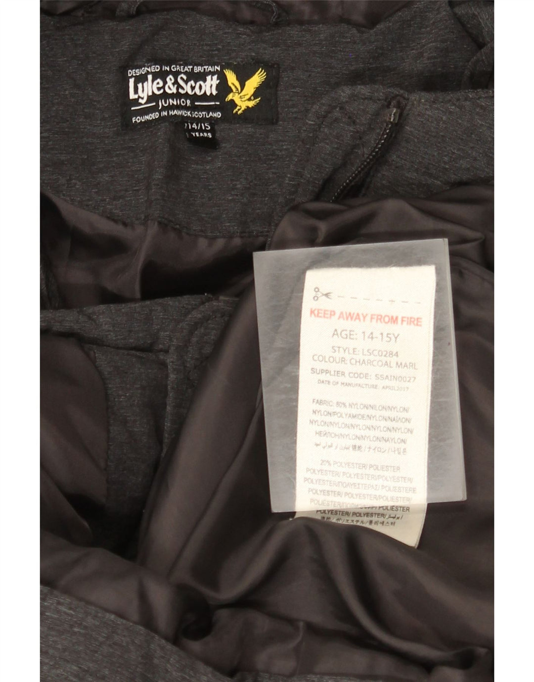 Lyle & Scott Wattierte Jungenjacke mit Kapuze, 14–15 Jahre, graues Nylon