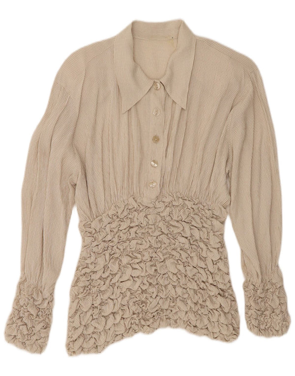 Vintage Damen Langarmbluse Top UK 10 Small Beige Karo Acetat