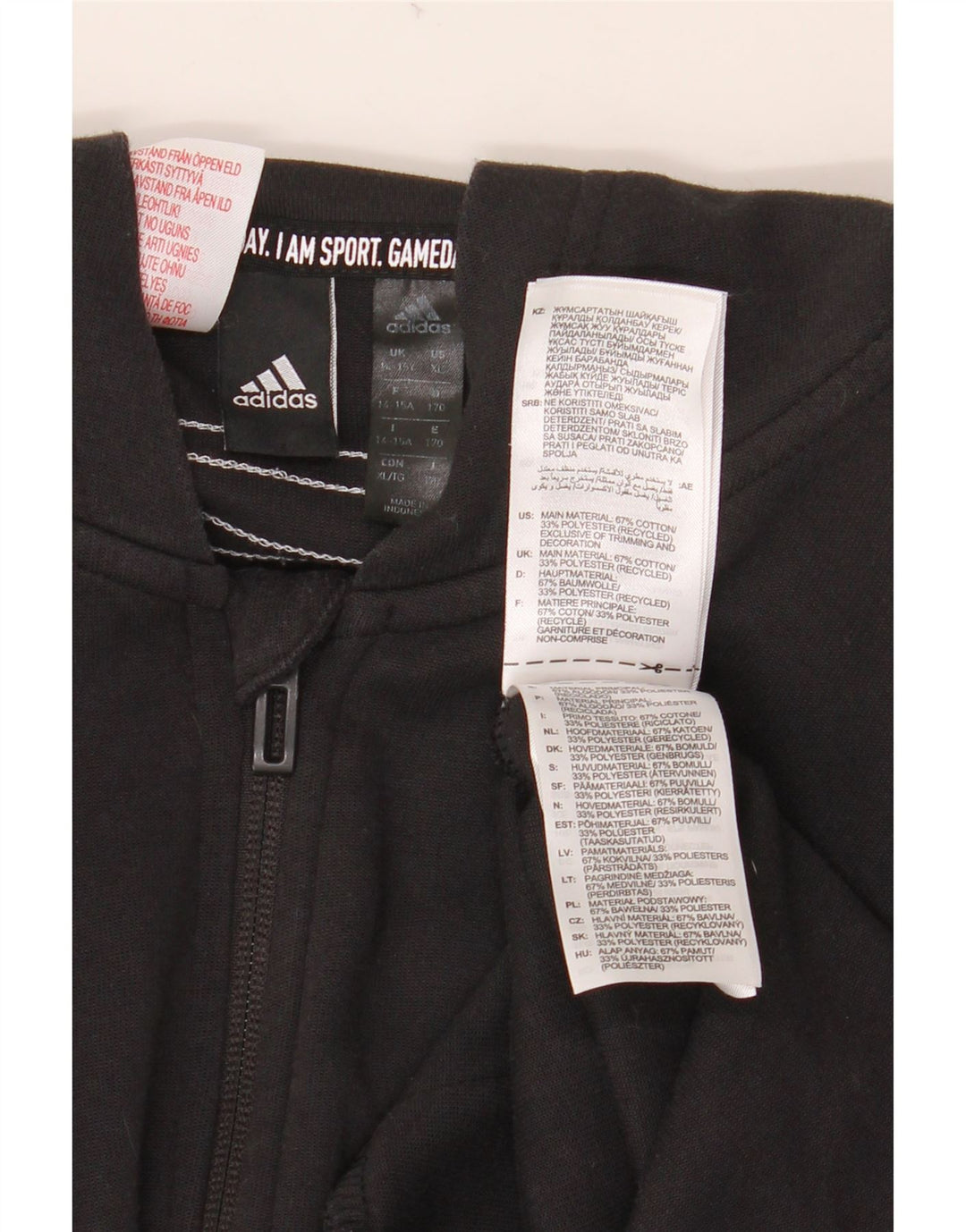ADIDAS Jungen-Kapuzenpullover mit lockerer Passform und Reißverschluss, 14–15 Jahre, schwarze Baumwolle