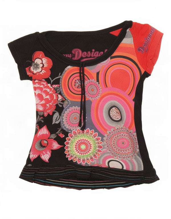 Desigual Damen Grafik-T-Shirt Top UK 10 Small Schwarz geblümt Baumwolle