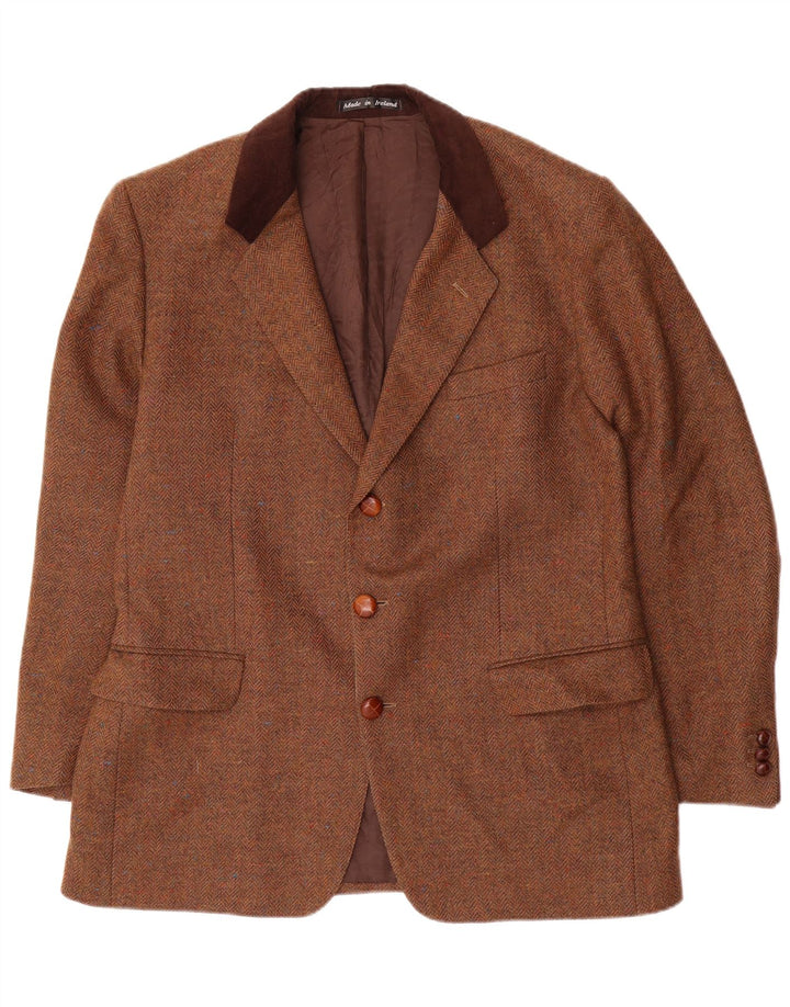 John Molloy Herren-Blazer mit 3 Knöpfen, EU 52, XL, braune Wolle mit Fischgrätenmuster