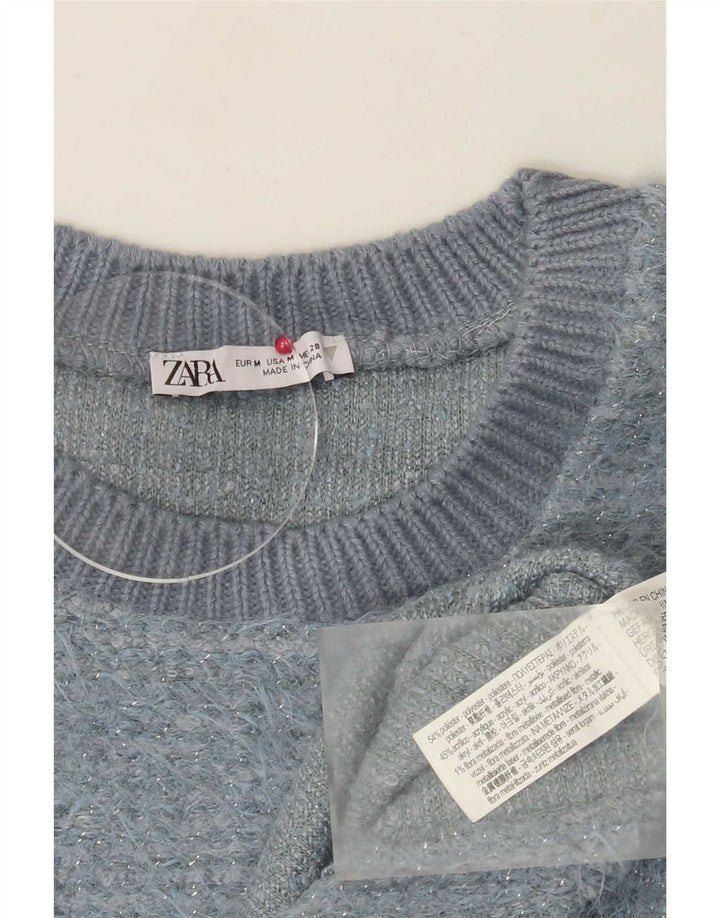 Zara Damen Crop Crew Neck Pullover Pullover UK 14 Mittelblaues Polyester