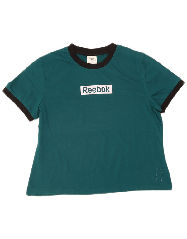 Reebok Damen Crop Graphic T-Shirt Top UK 16/18 Large Grüne Baumwolle
