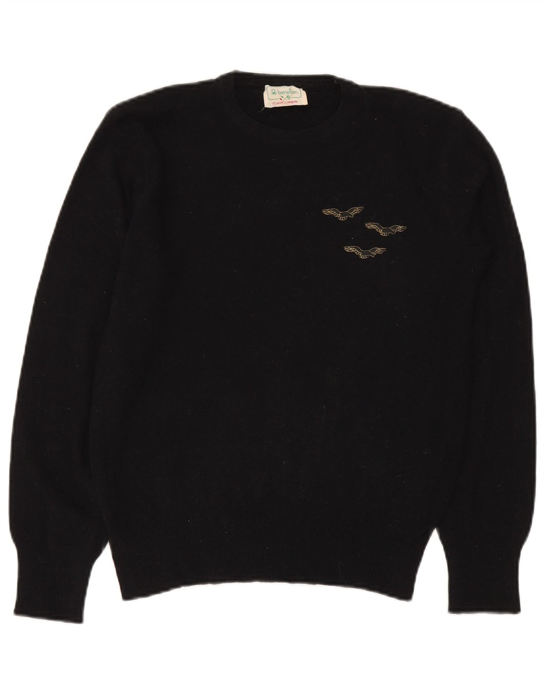 Benetton Damen-Pullover mit Rundhalsausschnitt, Größe 50, XL, schwarze Wolle