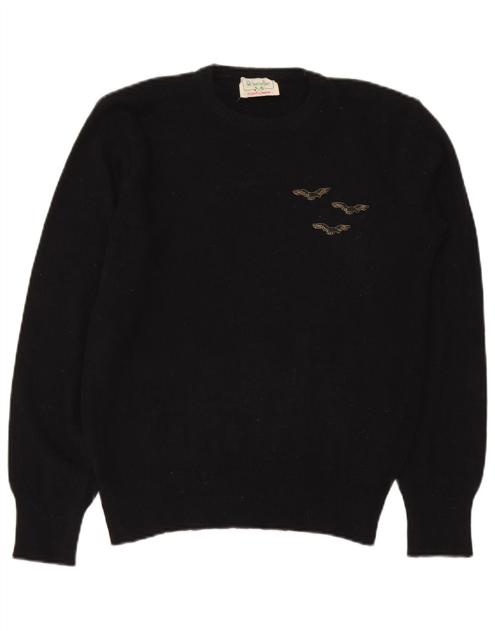 Benetton Damen-Pullover mit Rundhalsausschnitt, Größe 50, XL, schwarze Wolle