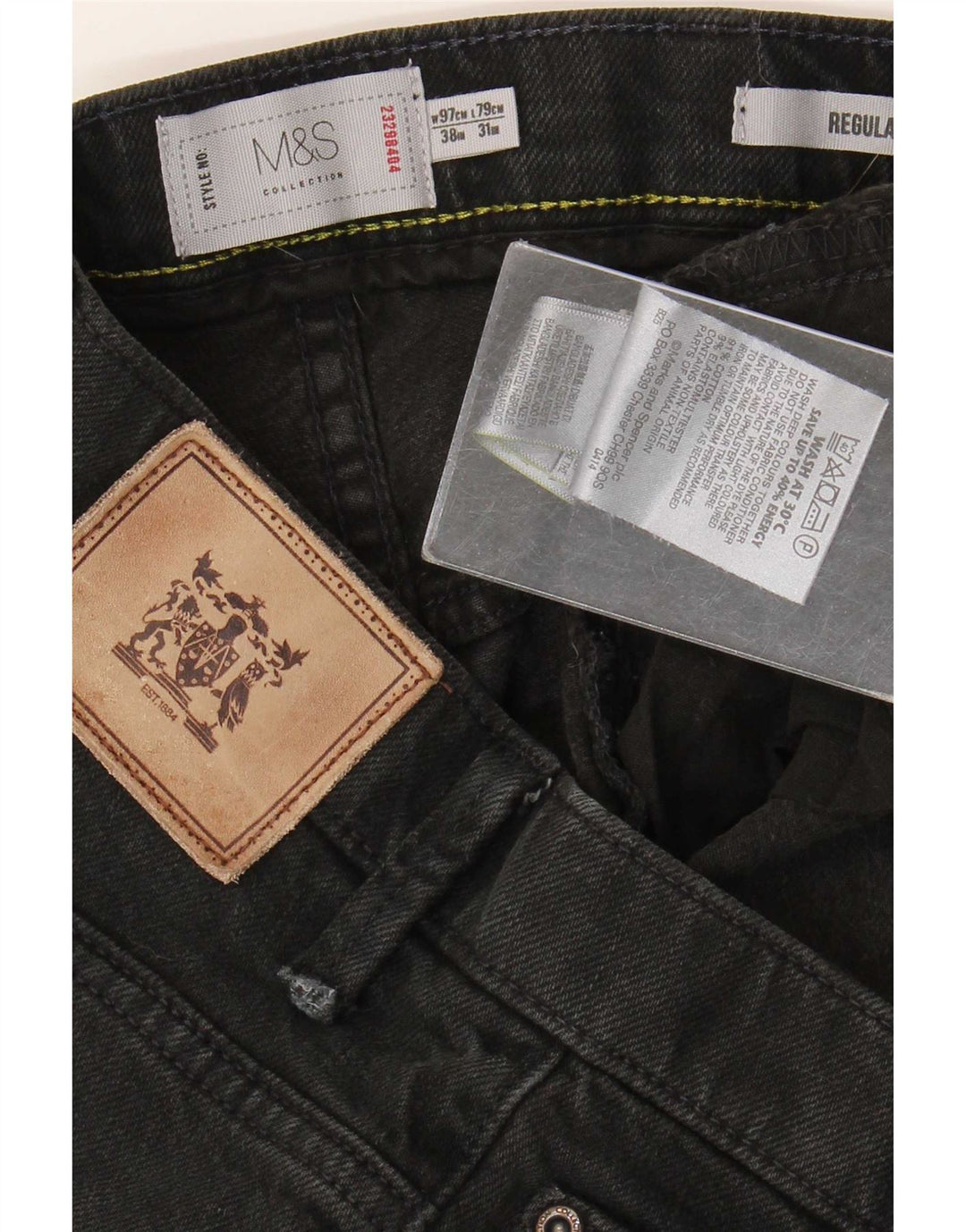 Marks & Spencer Herren-Jeans mit normaler Passform, gerade Passform, W38, L31, schwarze Baumwolle