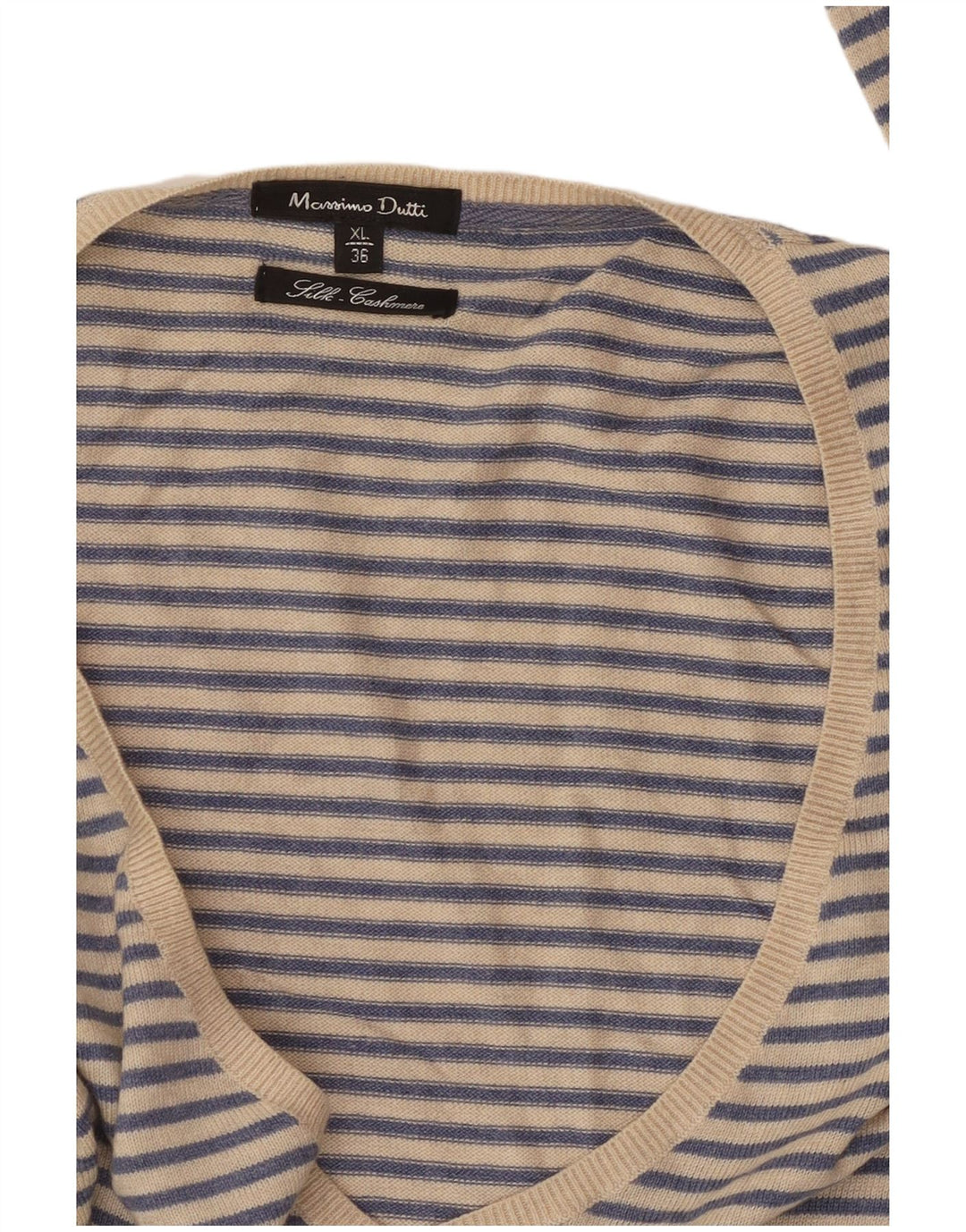 MASSIMO DUTTI Damen-Pullover mit V-Ausschnitt, UK 18, XL, blau gestreift, Kaschmir