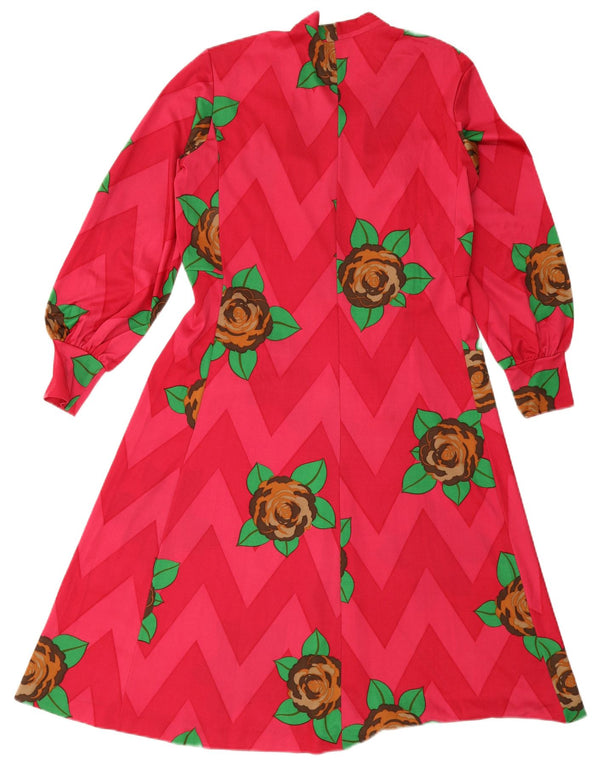 Vintage Damen A-Linien-Kleid mit langen Ärmeln und Bindeband vorne, UK 12, Mittelrosa mit Blumenmuster