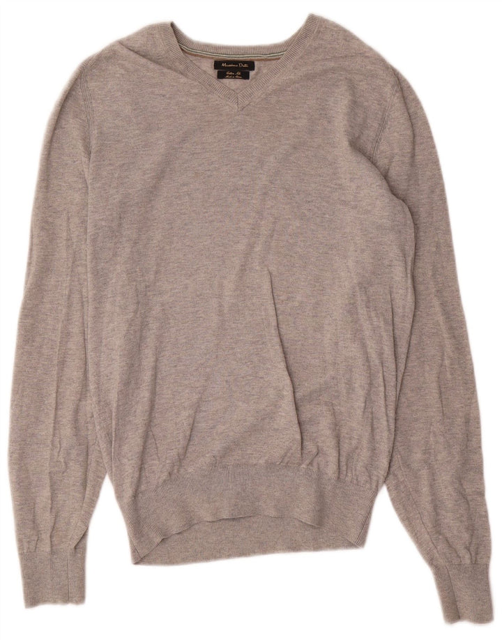 Massimo Dutti Herren-Pullover mit V-Ausschnitt, klein, grau gefleckte Baumwolle