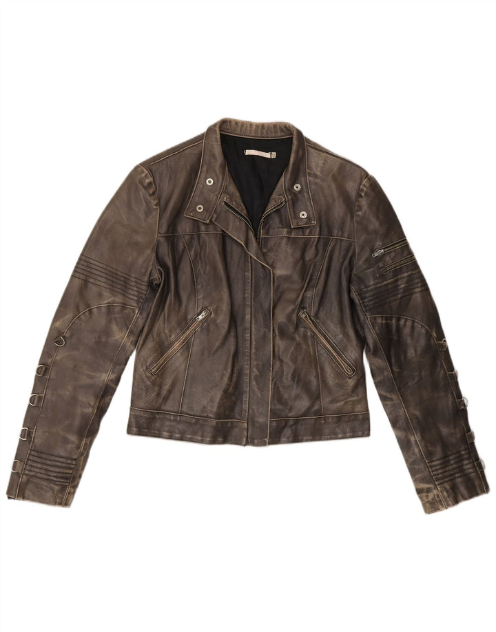 Vintage Damen Crop Leder Racer Jacke IT 42 Mittelbraun