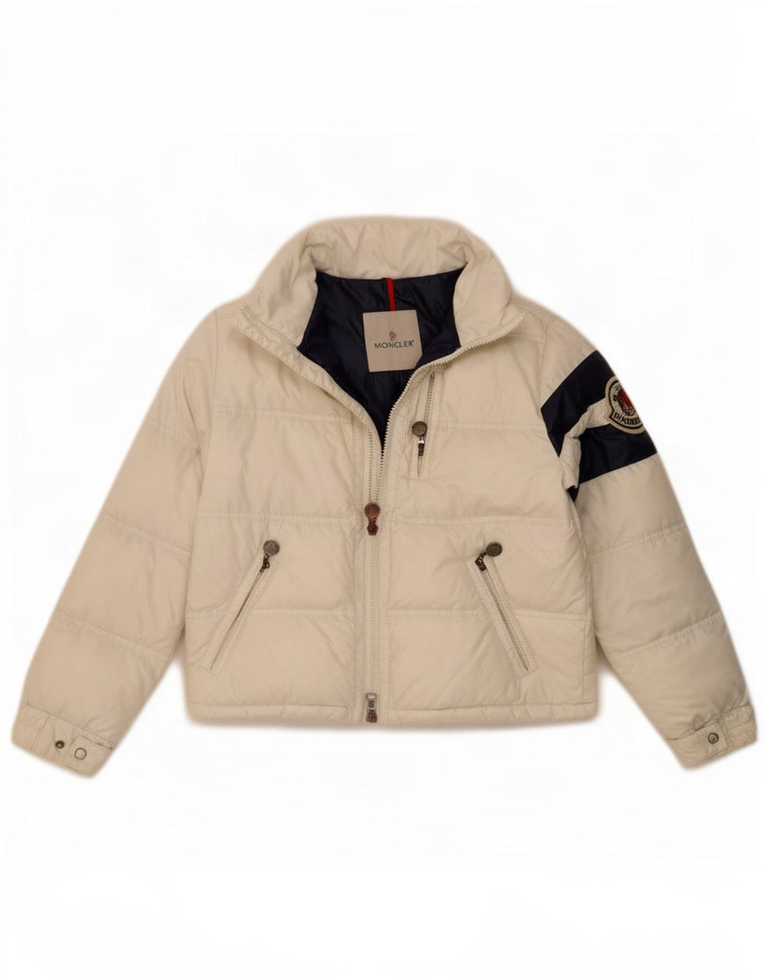 Moncler Wattierte Mädchenjacke mit Grafik, 9–10 Jahre, weißes Colourblock-Polyamid