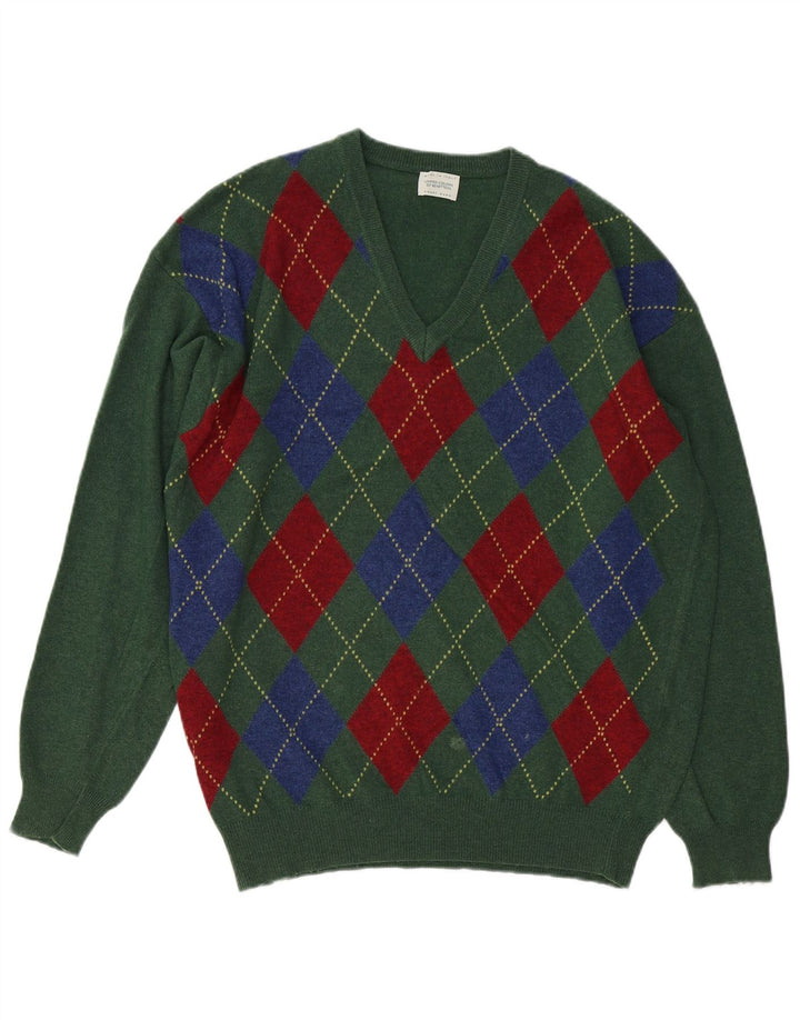 BENETTON Herren-Pullover mit V-Ausschnitt, mittelgrüne Argyle-/Diamond-Wolle