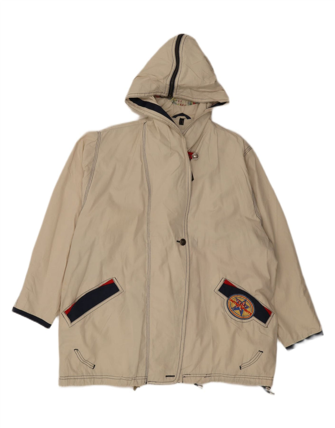 Vintage Damen-Regenjacke mit Kapuze, übergroß, UK 8, Größe S, aus weißem Polyester