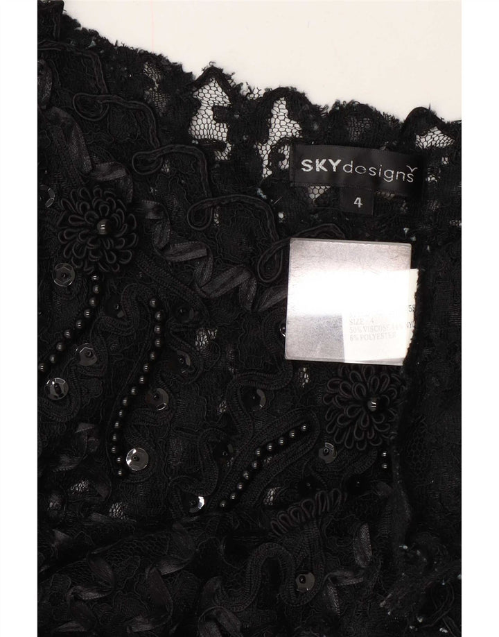Sky Design Damen-Top, durchsichtig, 3/4-Ärmel, US-Größe 4, Größe S, Schwarz, Blumenmuster