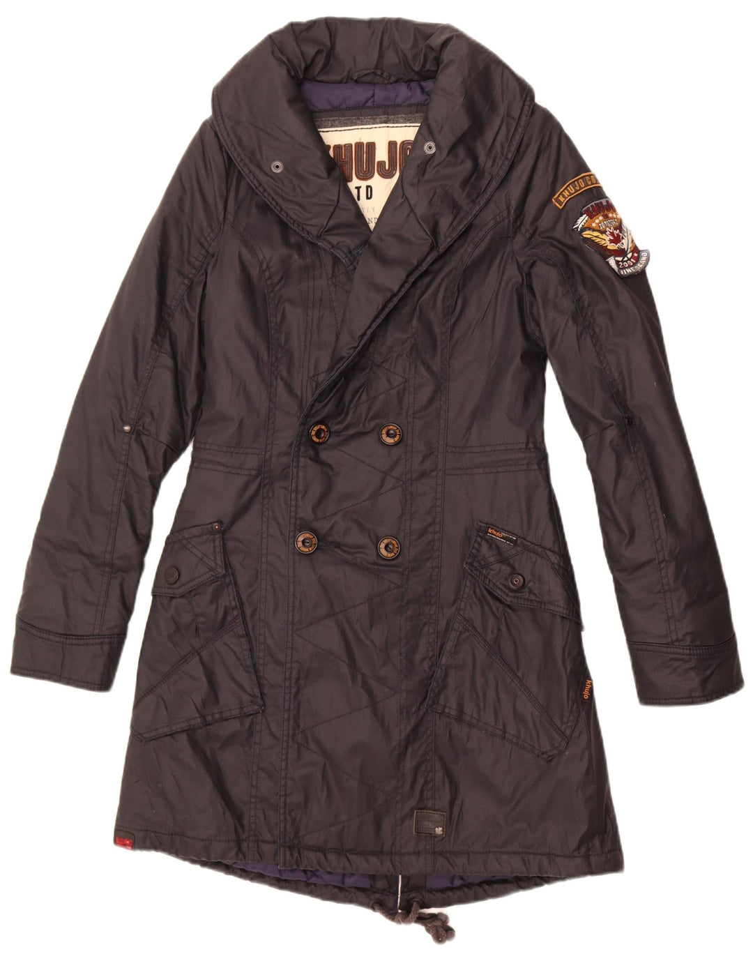 KHUJO Damen Zweireihige Parkajacke UK 10 Small Schwarz