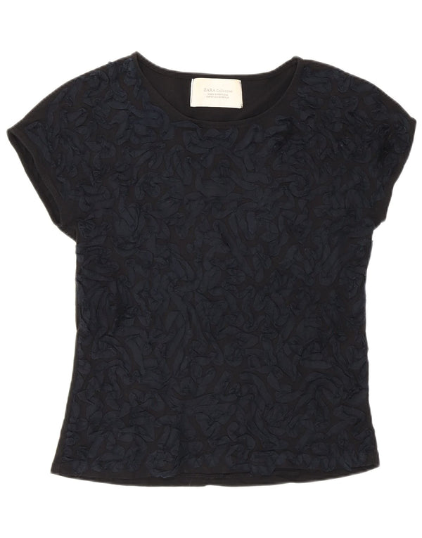 Zara Womens Abstract Pattern T-Shirt Top UK 12 Mittelschwarze Baumwolle