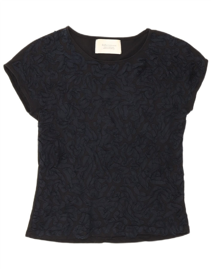 Zara Womens Abstract Pattern T-Shirt Top UK 12 Mittelschwarze Baumwolle