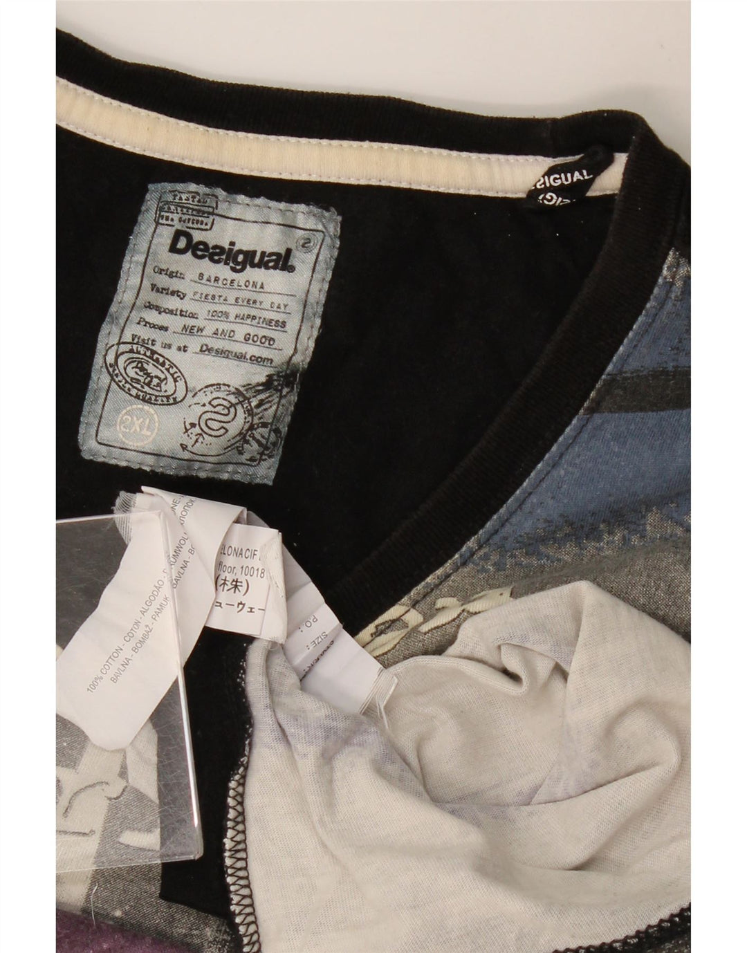 DESIGUAL Herren Grafik T-Shirt Top 2XL Grau Colourblock Baumwolle