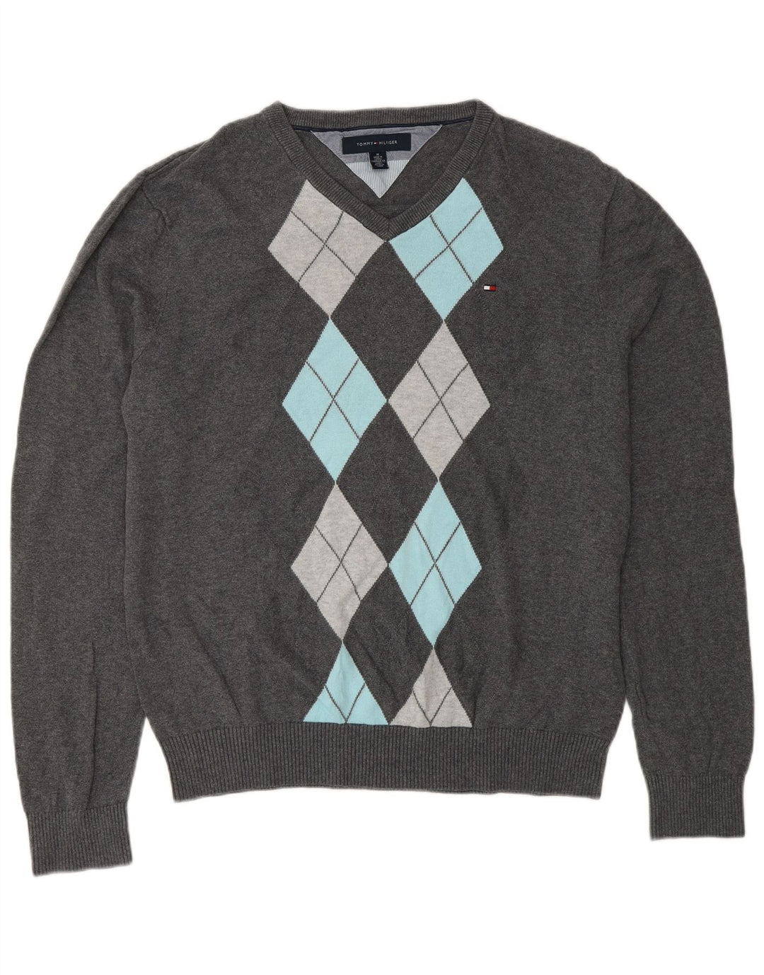 Tommy Hilfiger Herren-Pullover mit V-Ausschnitt, mittelgraue Argyle-/Diamant-Baumwolle