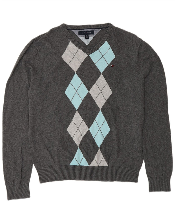 Tommy Hilfiger Herren-Pullover mit V-Ausschnitt, mittelgraue Argyle-/Diamant-Baumwolle