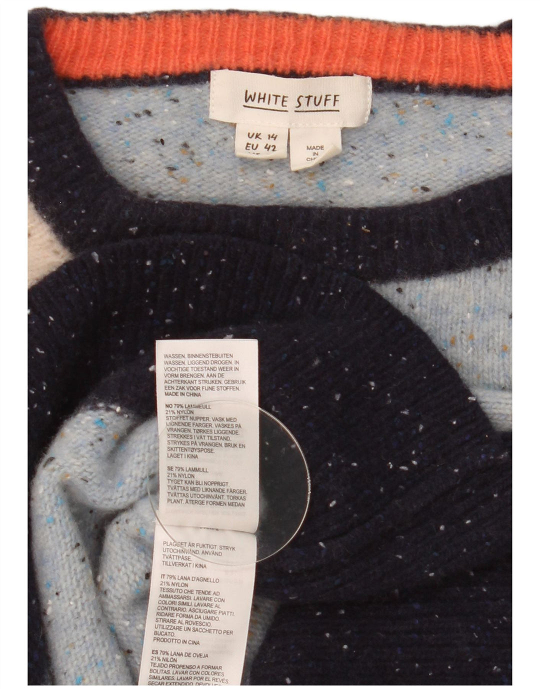 White Stuff Damen-Pullover mit Rundhalsausschnitt, UK 14, mittelblau gefleckte Wolle