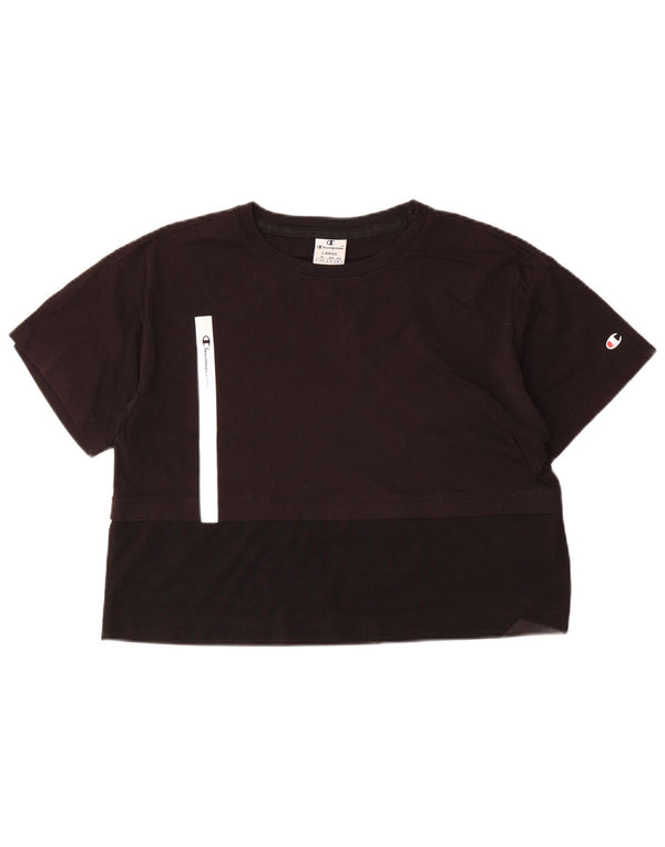 Champion Damen Crop T-Shirt Top UK 16 Large Schwarz Colourblock Baumwolle