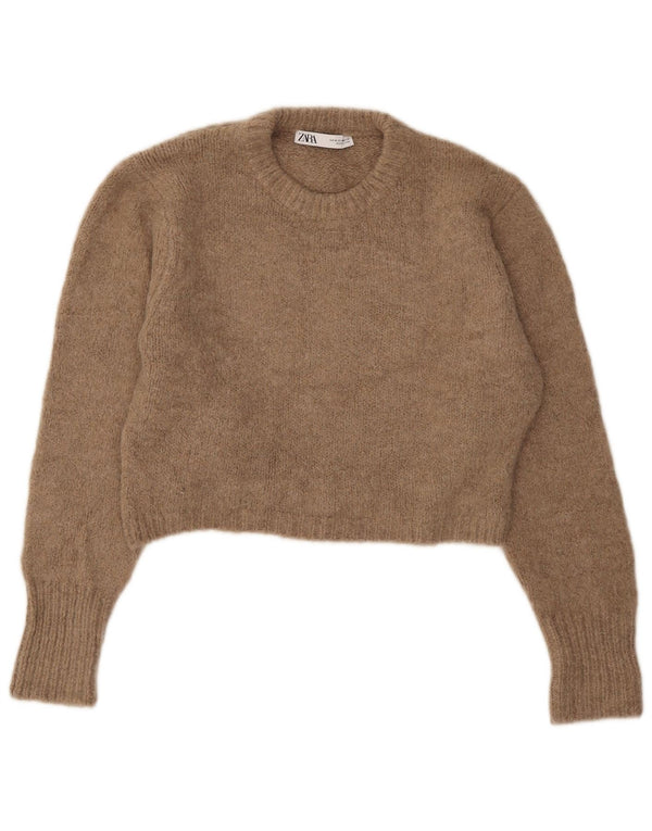 Zara Damen Crop Crew Neck Pullover Pullover UK 14 Mittelbeige Acryl
