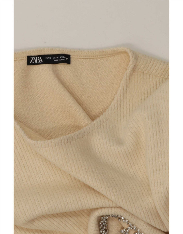 Zara Damen Crop Top Langarm UK 10 Small Beige