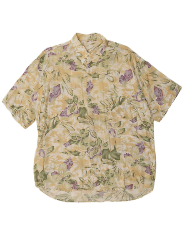 Vintage Herren-Kurzarmhemd, groß, beige, geblümte Viskose