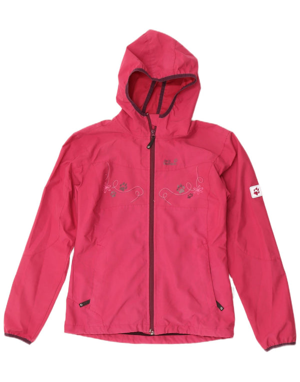 Jack Wolfskin Mädchen-Regenjacke mit grafischer Kapuze, 15–16 Jahre, rosa geblümt