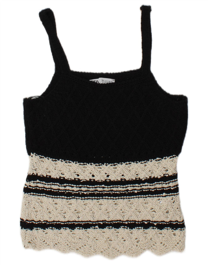 Zara Damen Strick-Cami-Top UK 12 Mittelschwarze Colourblock-Baumwolle