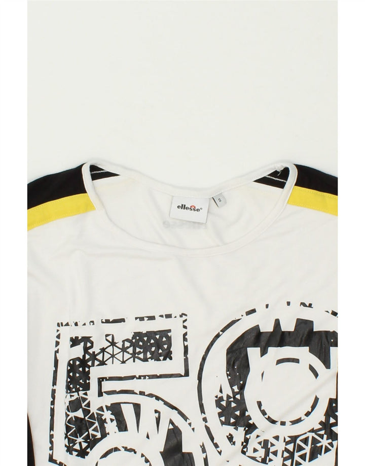 ELLESSE Mens Graphic Top Long Sleeve Small White Colourblock Viscose Vintage Ellesse and Second-Hand Ellesse from Messina Hembry 