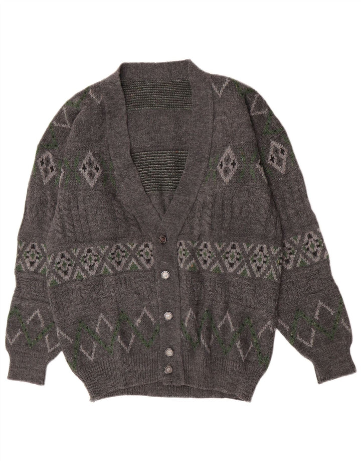 Vintage Herren Cardigan Pullover Große graue geometrische Wolle