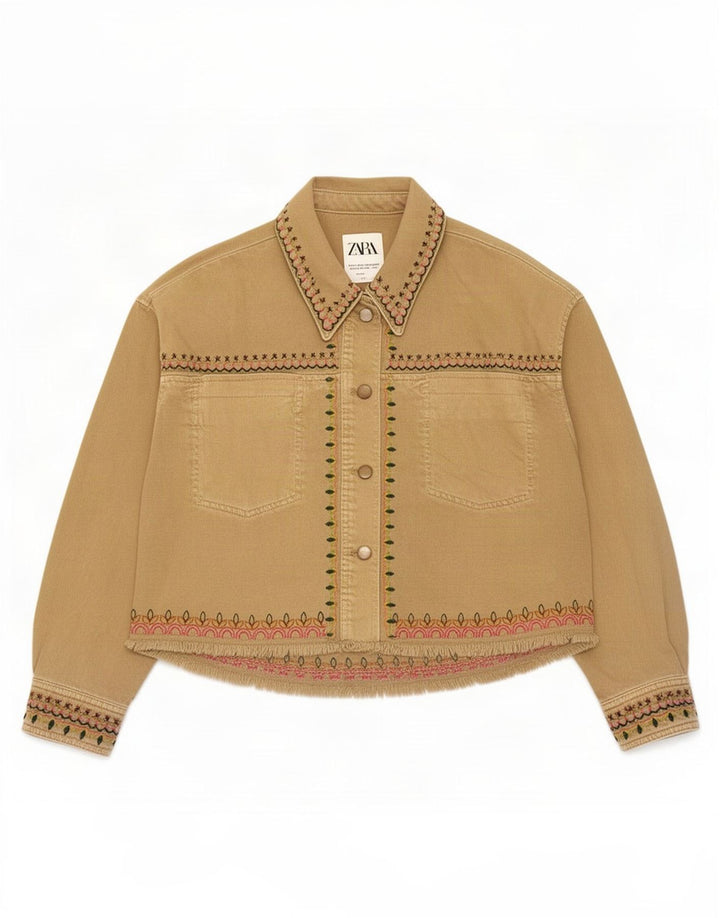 Übergroße Bomberjacke für Damen von Zara, Gr. 10, Größe S, beige, geometrische Baumwolle