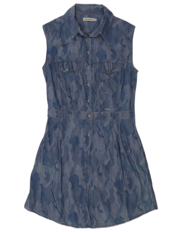 Calvin Klein Damen ärmelloses Hemdkleid UK 10 Small Blue Camouflage