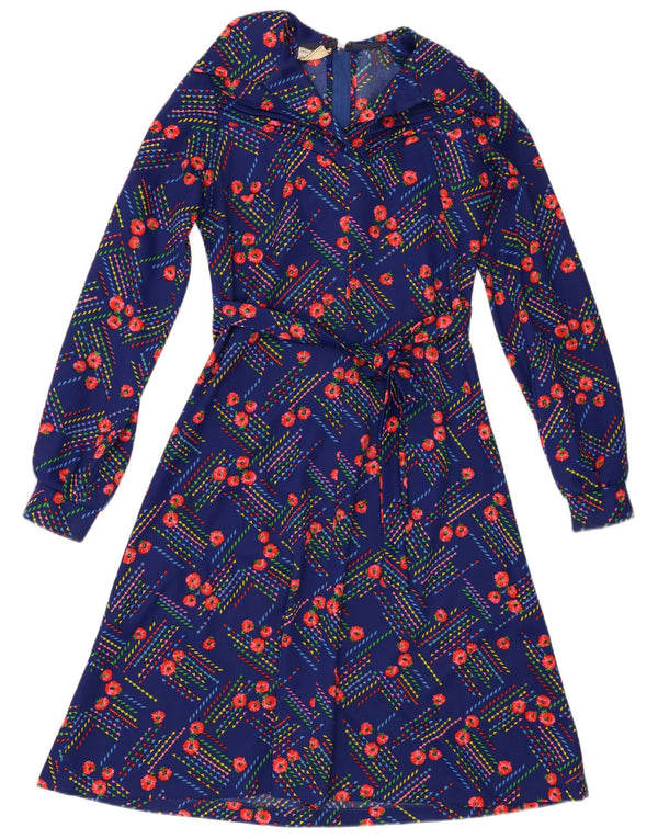 Vintage Damen Langarm A-Linie Kleid UK 14 Mittelblau geblümt