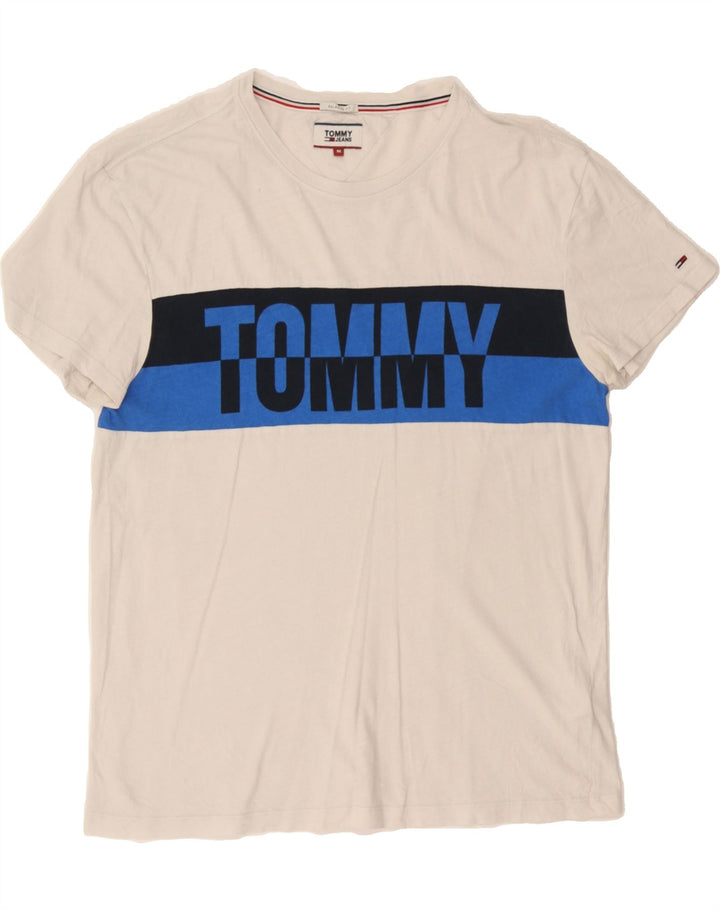 TOMMY HILFIGER Mens Graphic T-Shirt Top Medium White Colourblock Vintage Tommy Hilfiger and Second-Hand Tommy Hilfiger from Messina Hembry 